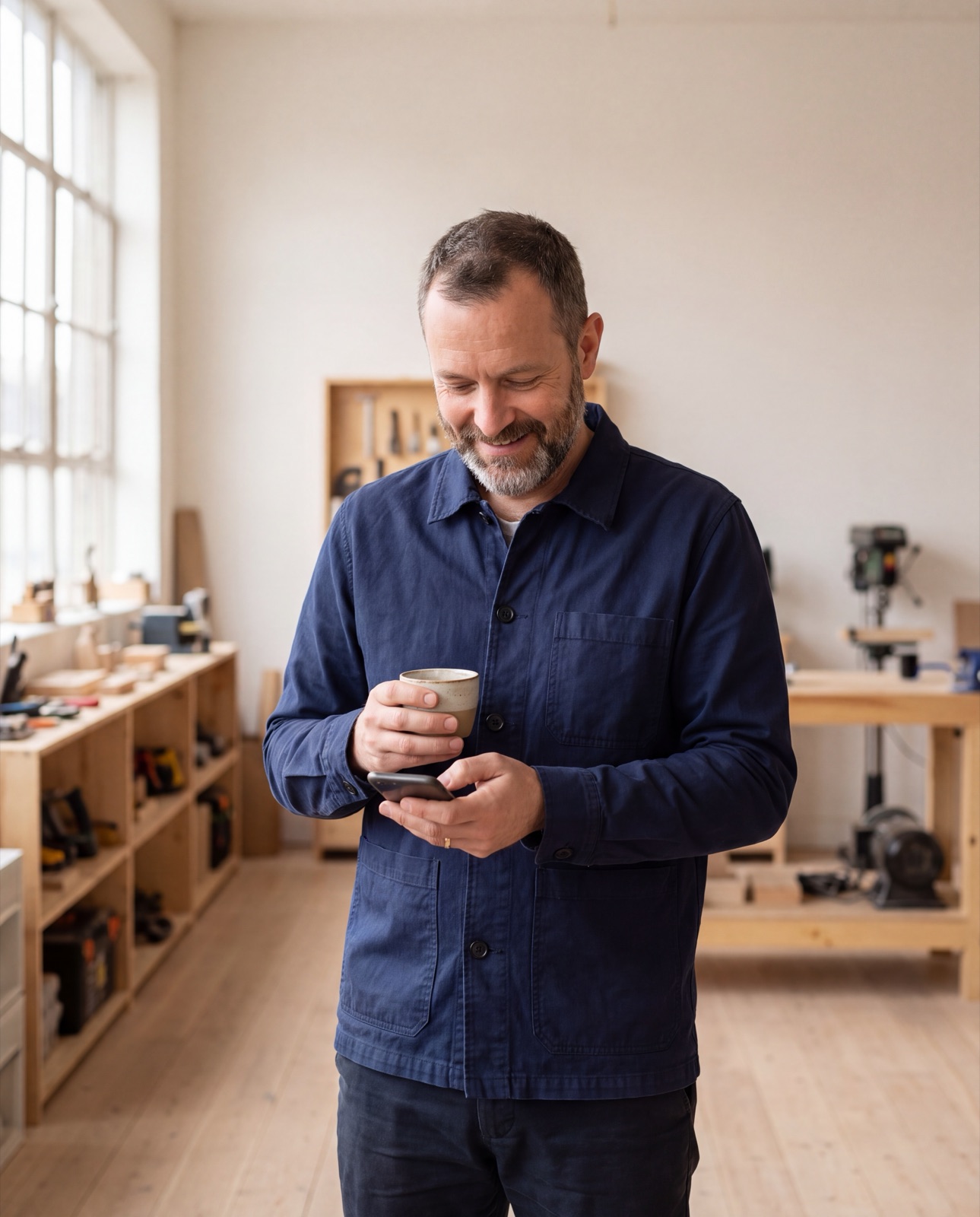 Un dirigeant de PME souriant regarde son téléphone dans son atelier